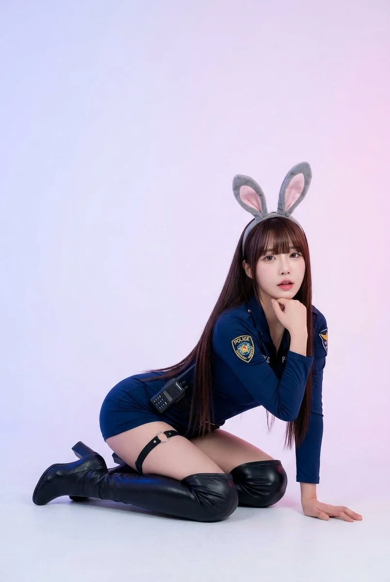 Korean Influencer in Police-Inspired Uniform with Bunny Ears