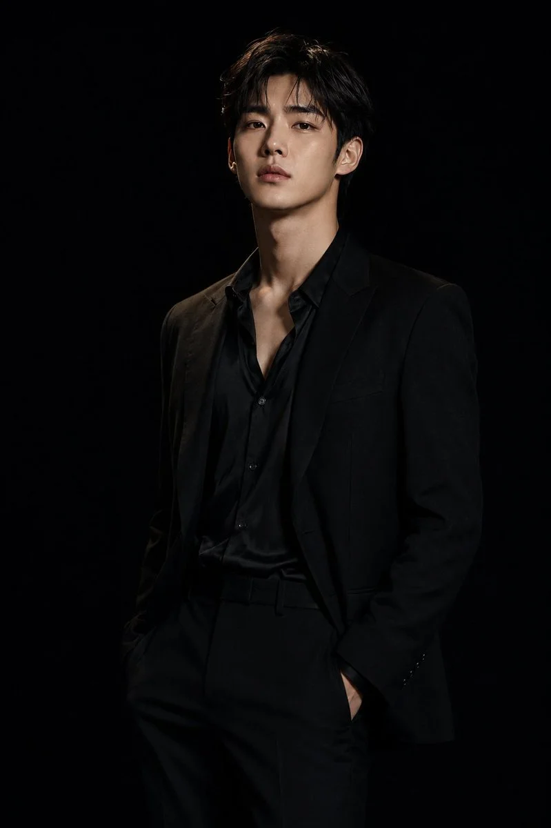 Korean man in sleek black suit poses in dramatic studio light