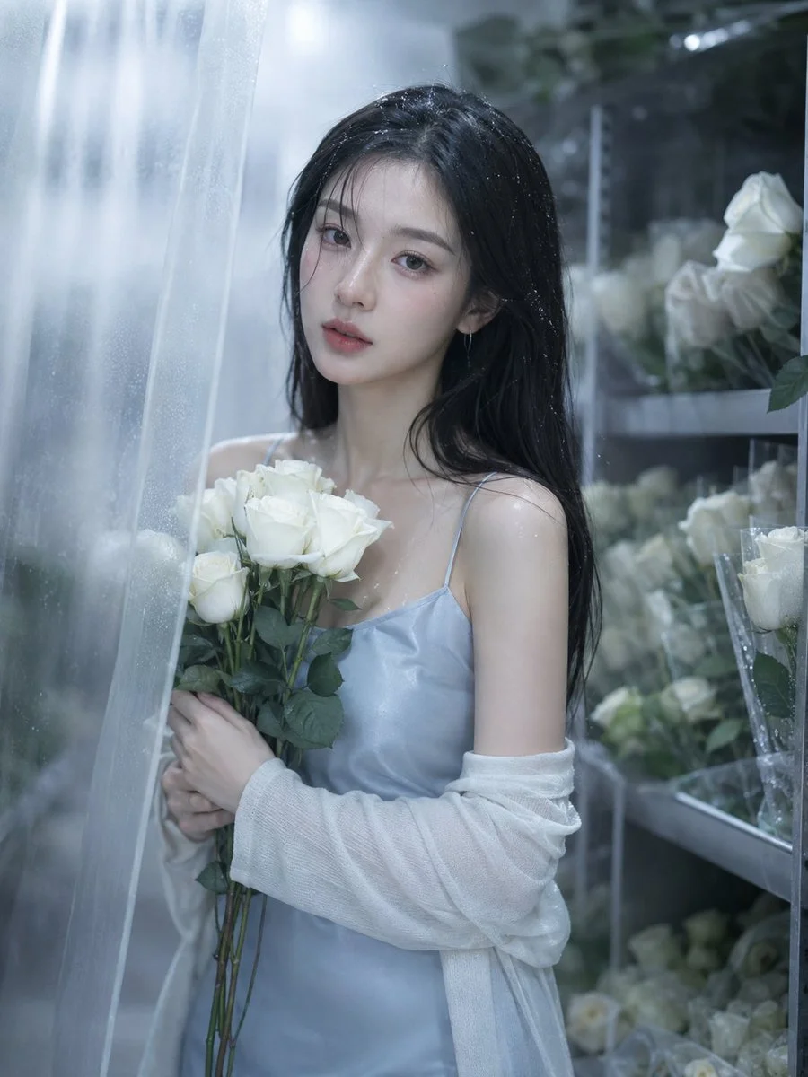 Korean minimalist in icy blue slips through cold storage rose room