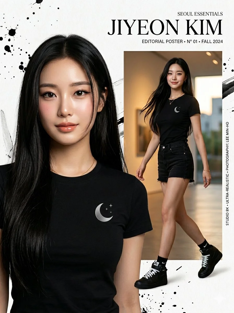 Korean model poses in black tee and shorts for editorial poster