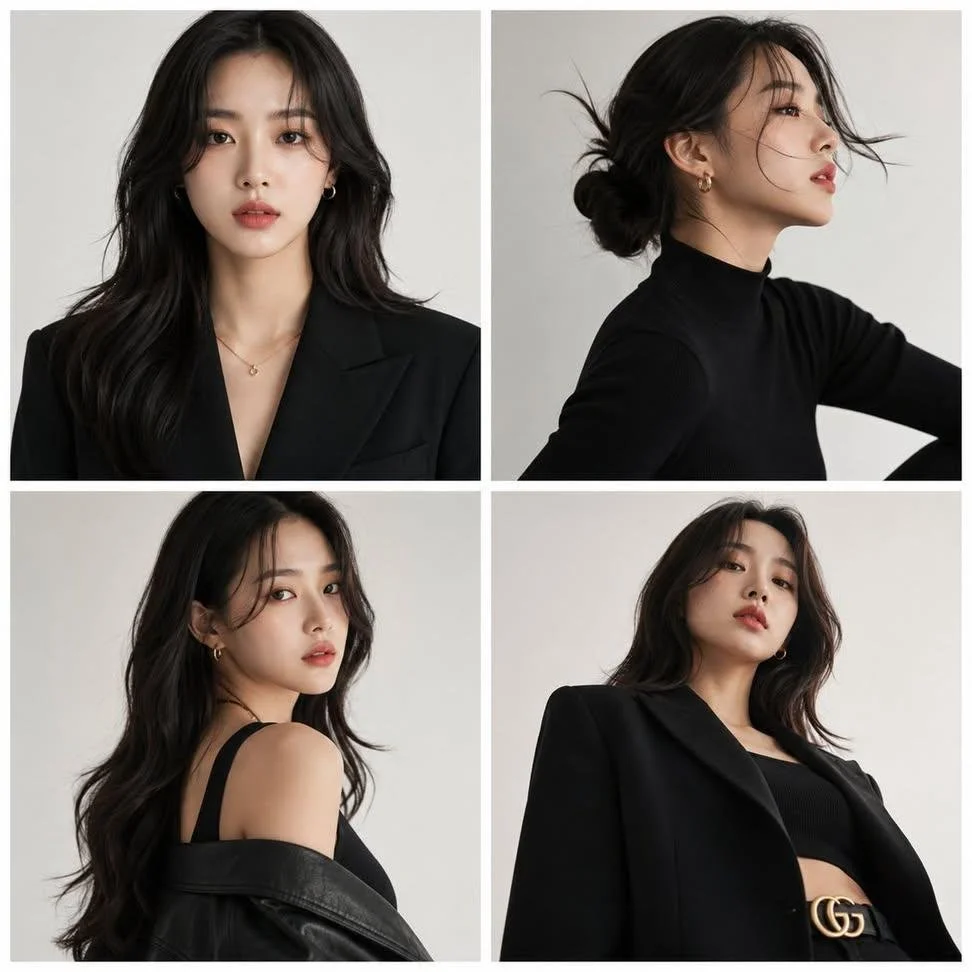 Korean model poses in four panels for premium fashion editorial