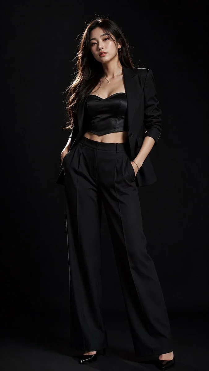 Korean model stands confidently in tailored black blazer and satin camisole