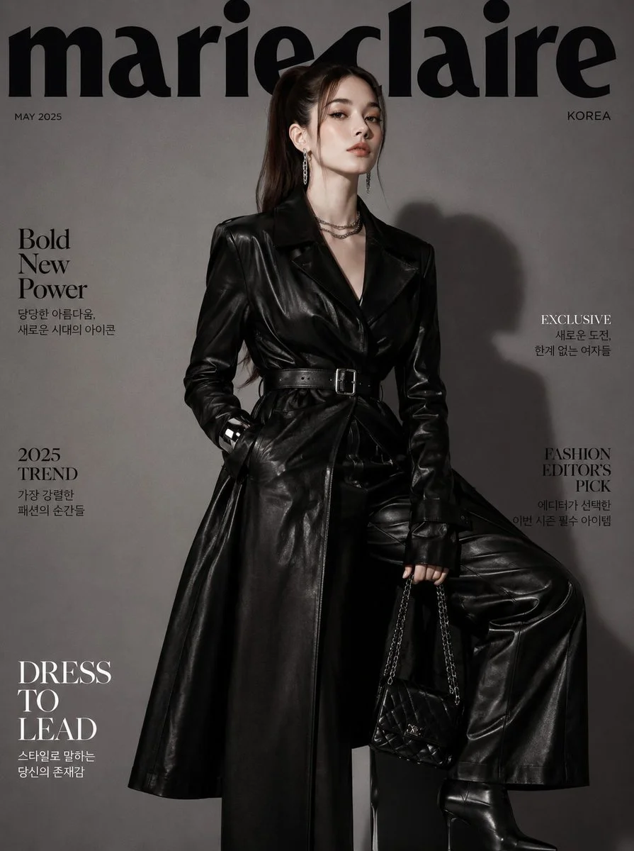 Korean model wears black leather trench on Marie Claire cover