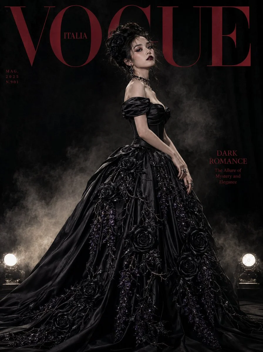 Korean model wears dark satin gown with black roses on Vogue cover