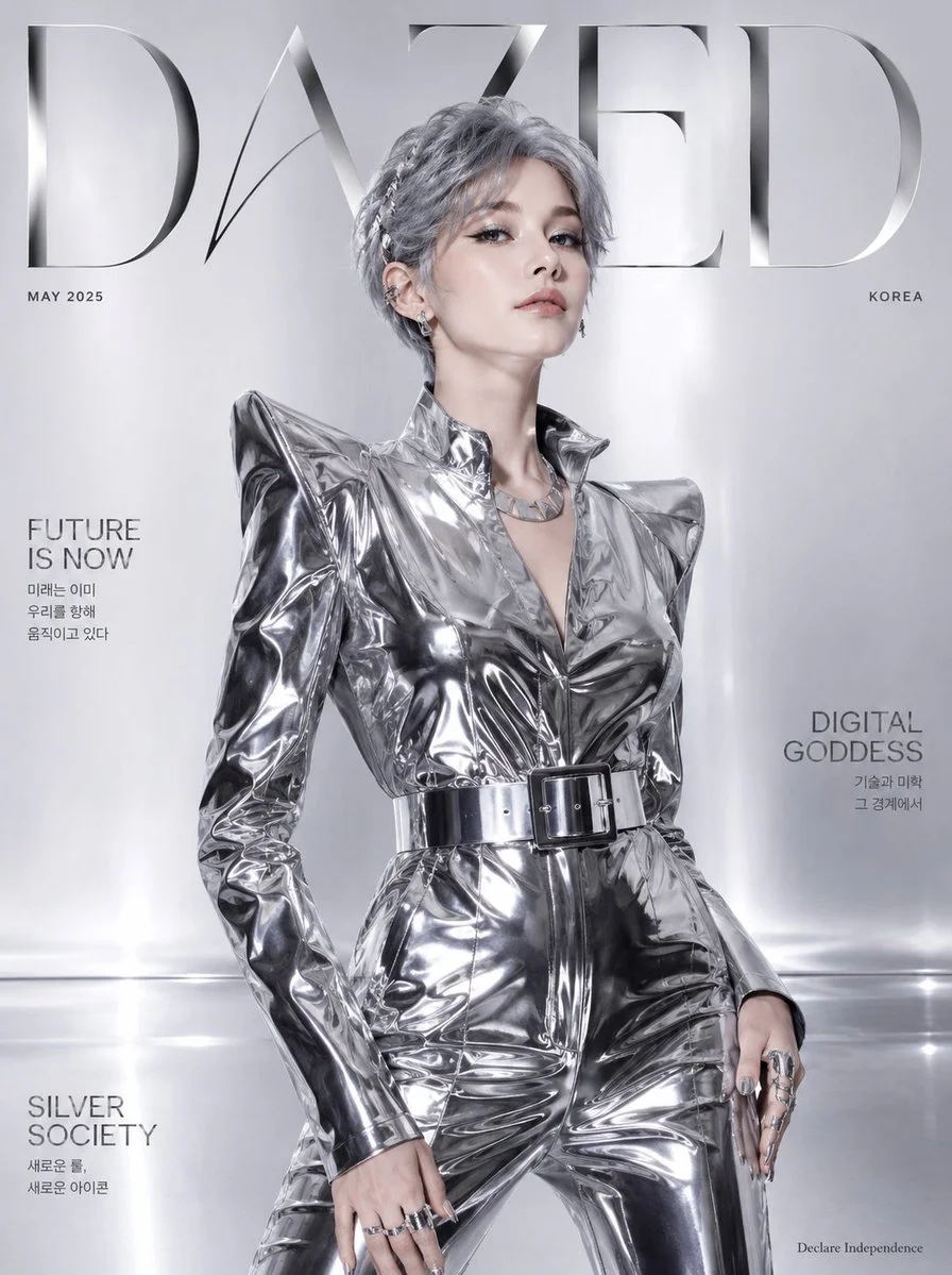 Korean model wears silver liquid-mirror jumpsuit on DAZED cover