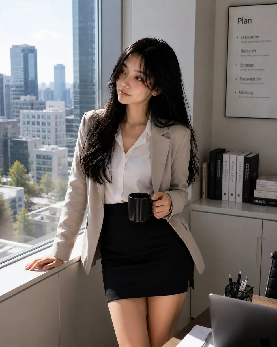 Korean office woman in beige blazer holds coffee by window