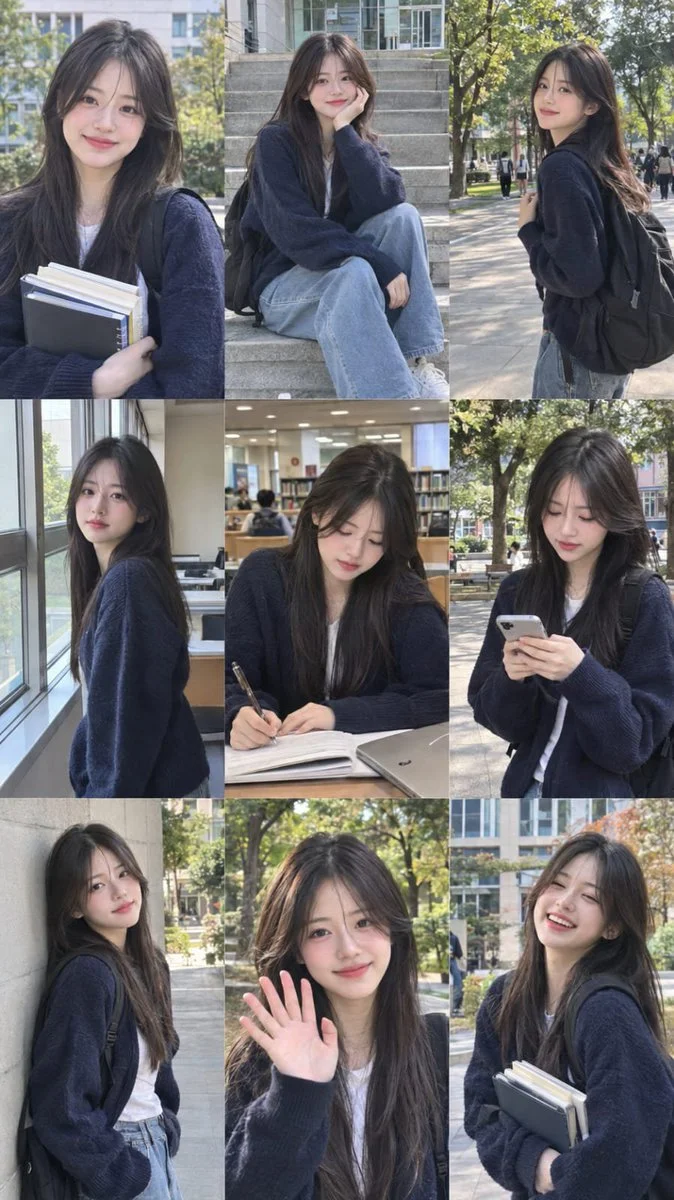 Korean student poses in nine campus scenes for photorealistic grid