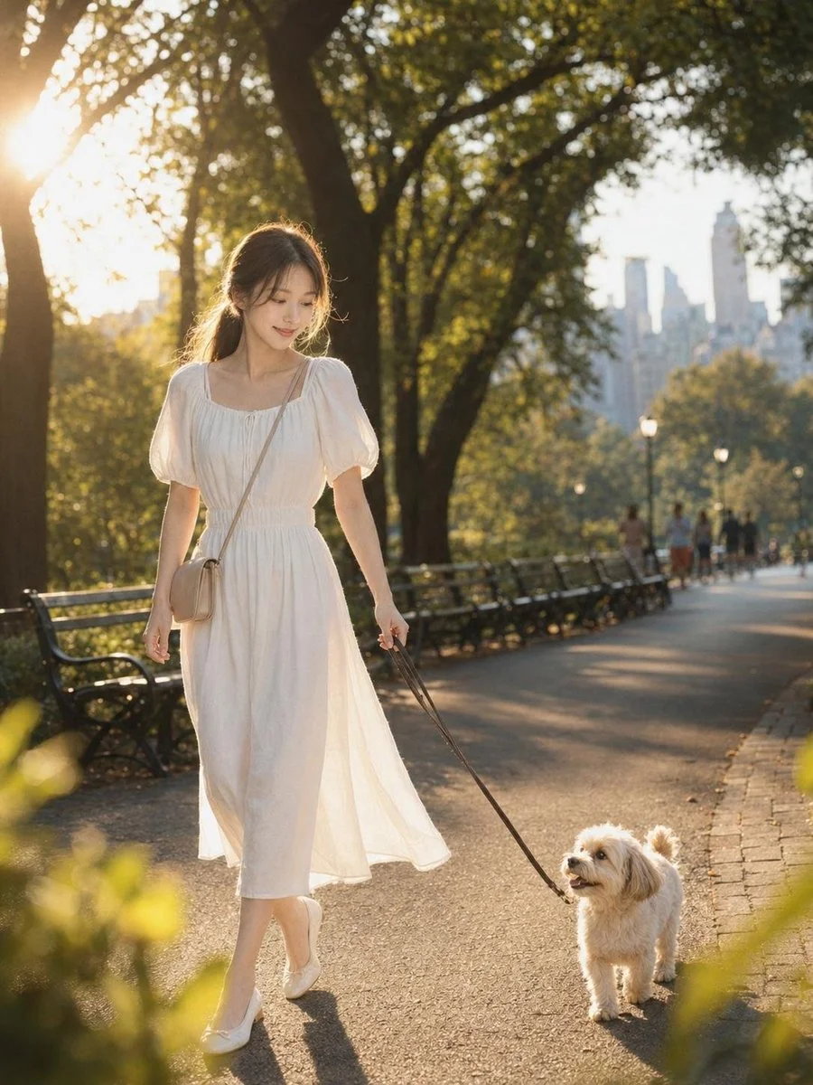 Korean woman and cream poodle walk beneath Manhattan Bridge in golden hour