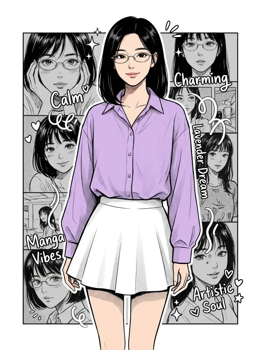 Korean woman in lavender shirt smiles with sketch collage