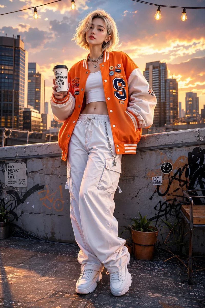 Korean woman in oversized varsity jacket poses on golden hour rooftop