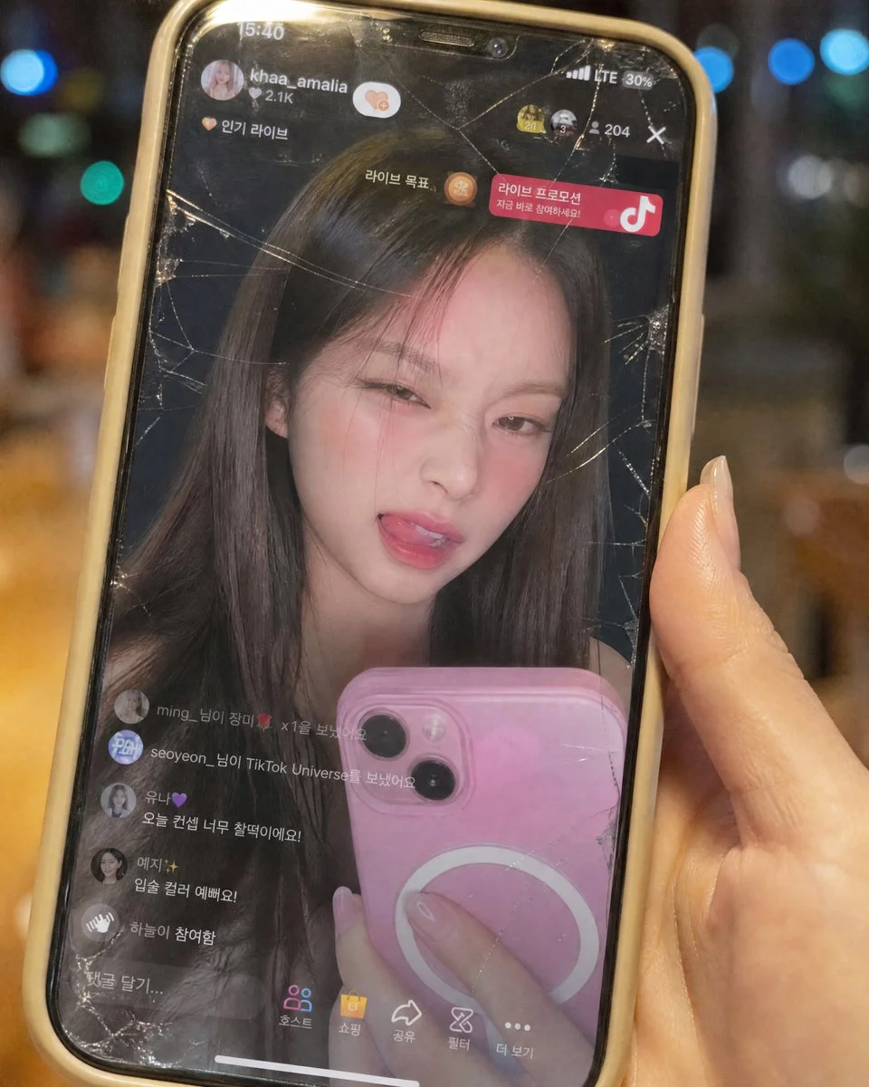 Korean woman on cracked phone screen livestreams with tongue out