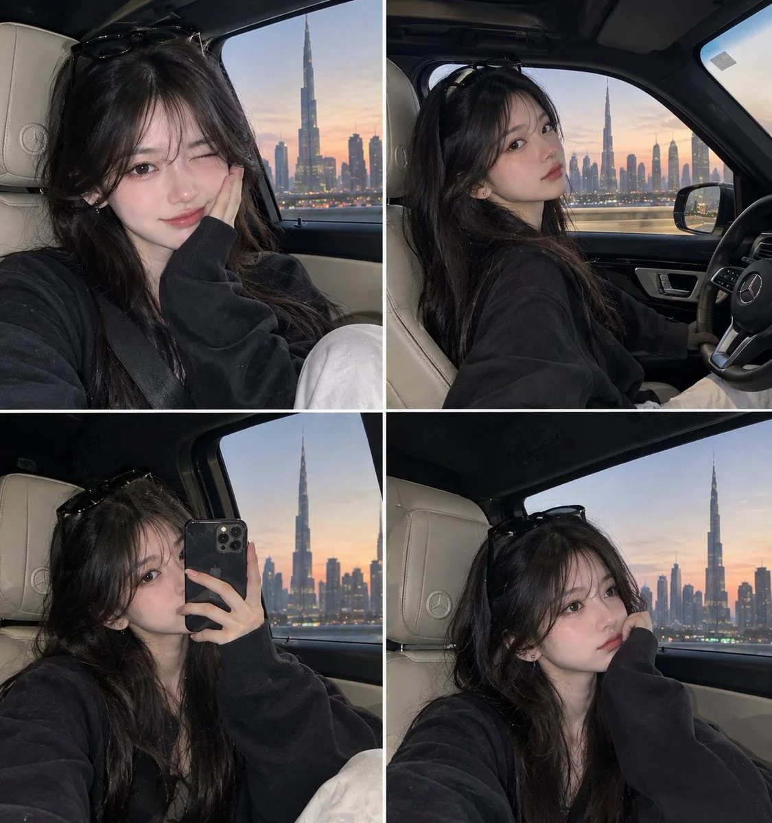 Korean Woman Poses in Mercedes with Dubai Skyline at Sunset