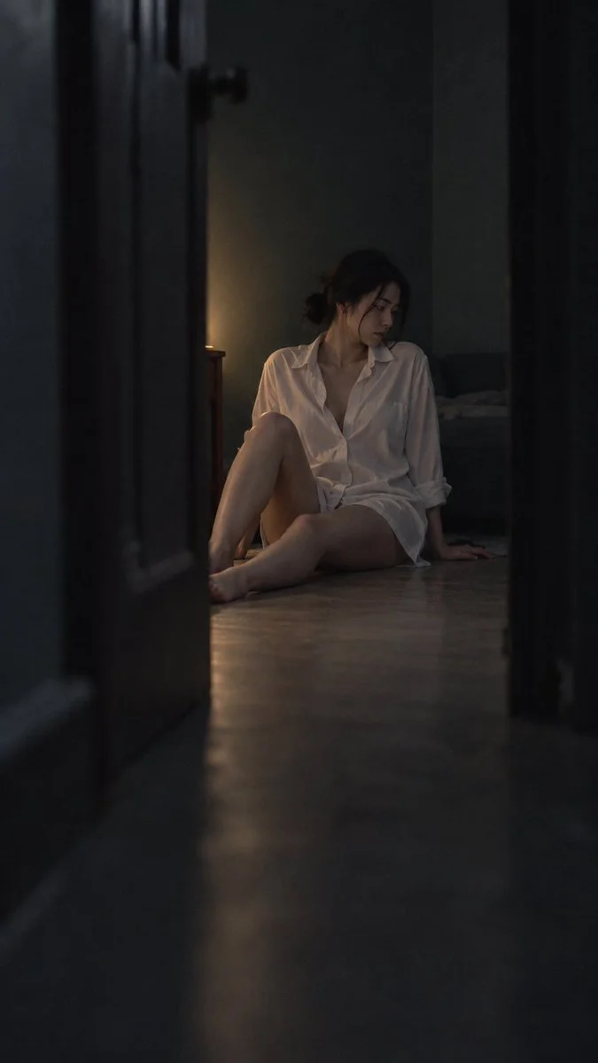 Korean woman reclines on floor in low-light candid photograph