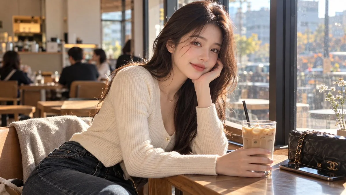 Korean woman with iced latte sits by sunlit café window