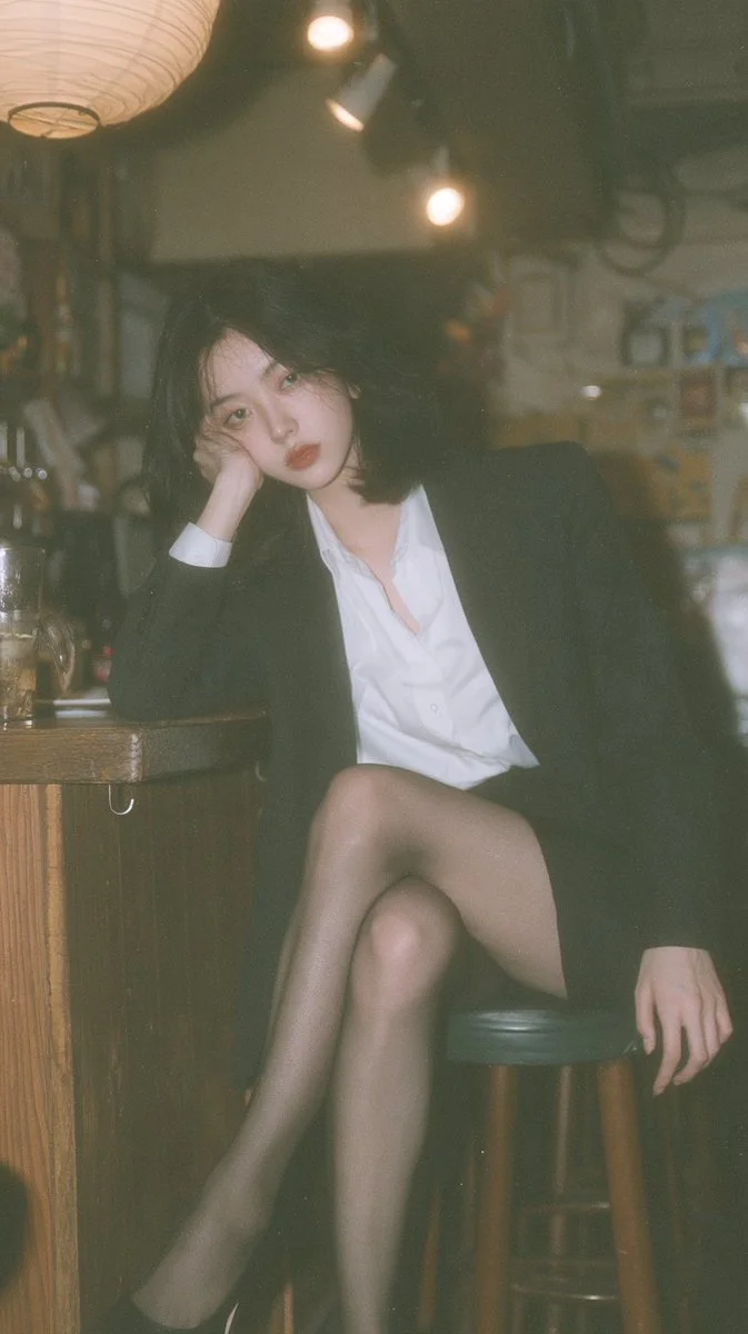 Languid Gaze and Office Attire in a Warmly Lit Izakaya Portrait