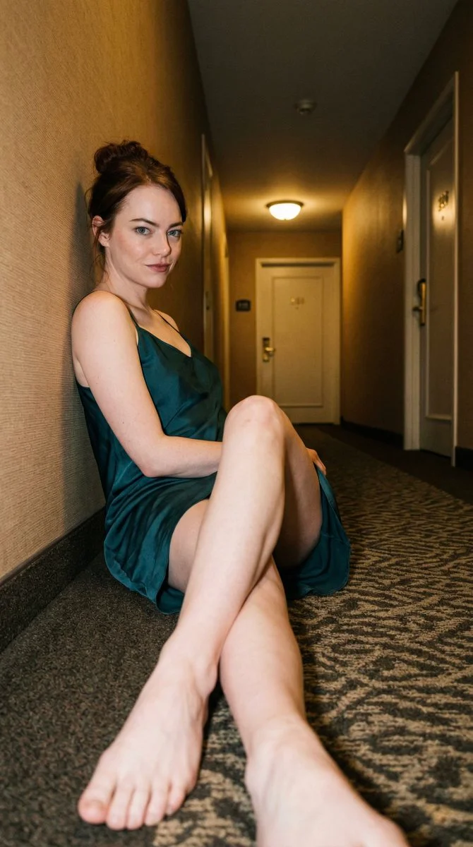 Late Night Glamour: Emma Stone Inspired in Dim Hotel Hallway
