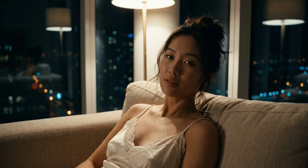 Late-night intimacy radiates from her open, present gaze