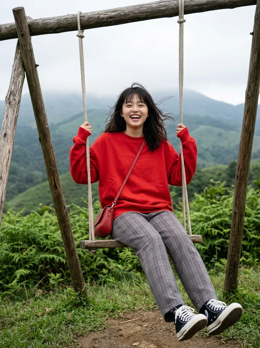 Laughing Through Fear on a Rustic Swing Above the Misty Abyss
