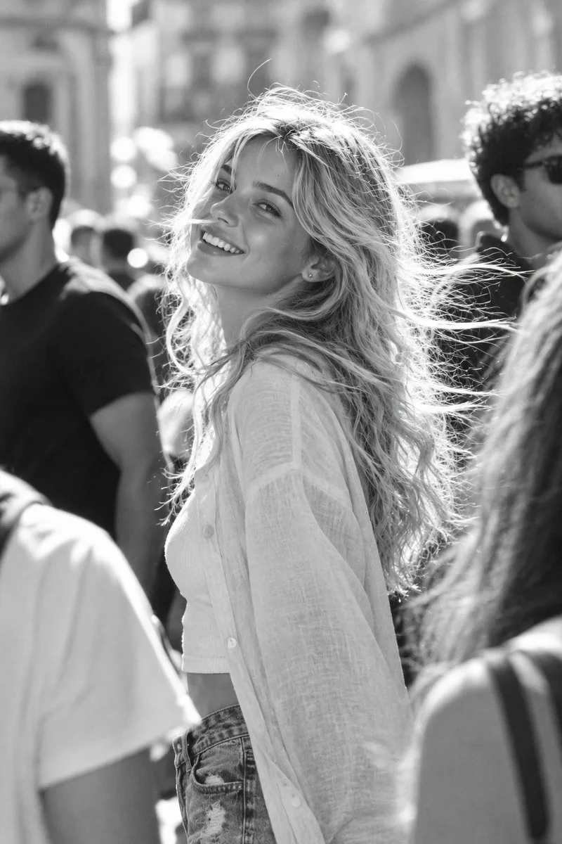 Laughing woman turns head in sunlit blurred street crowd