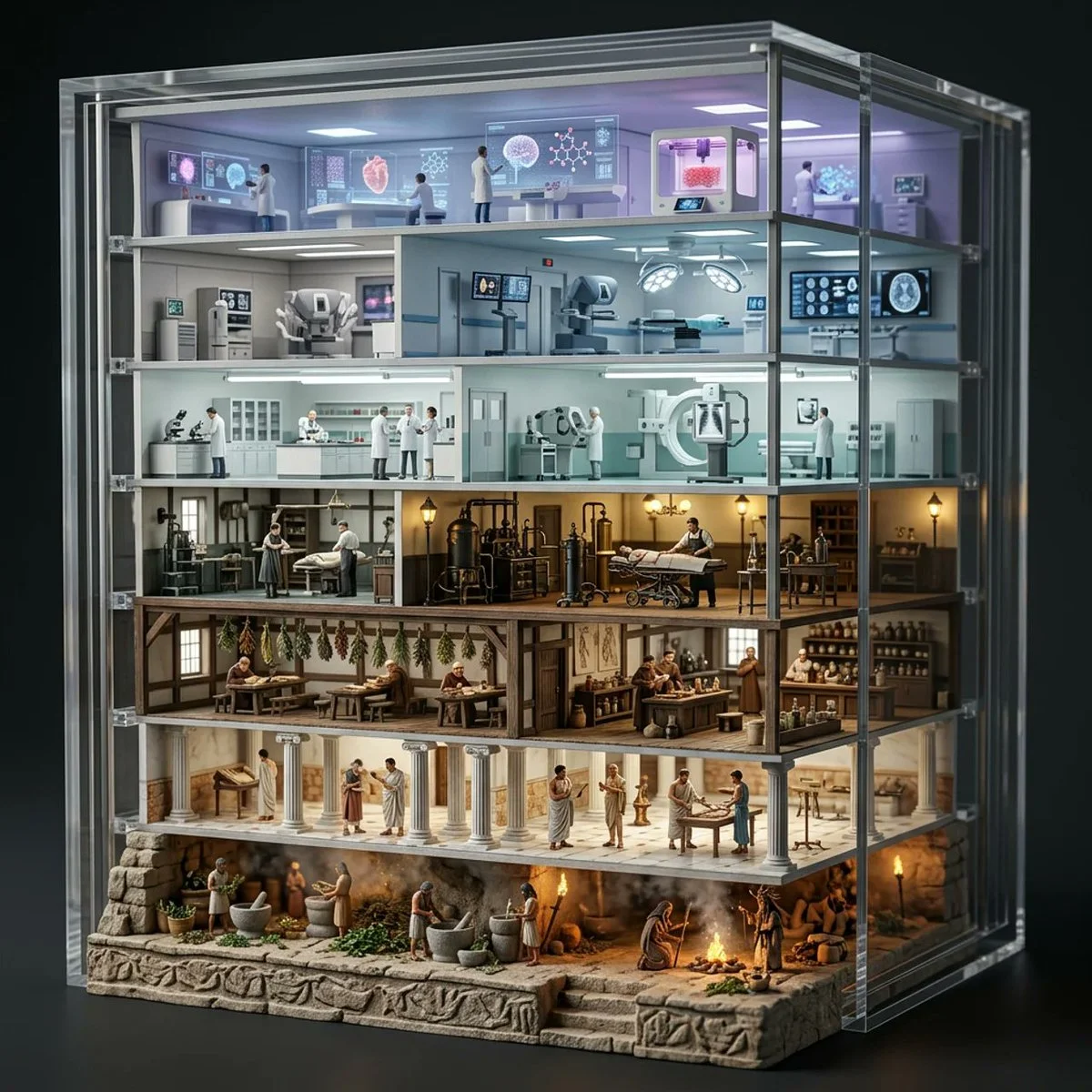 Layered Evolution of Medicine in a Hyper-Realistic Cube