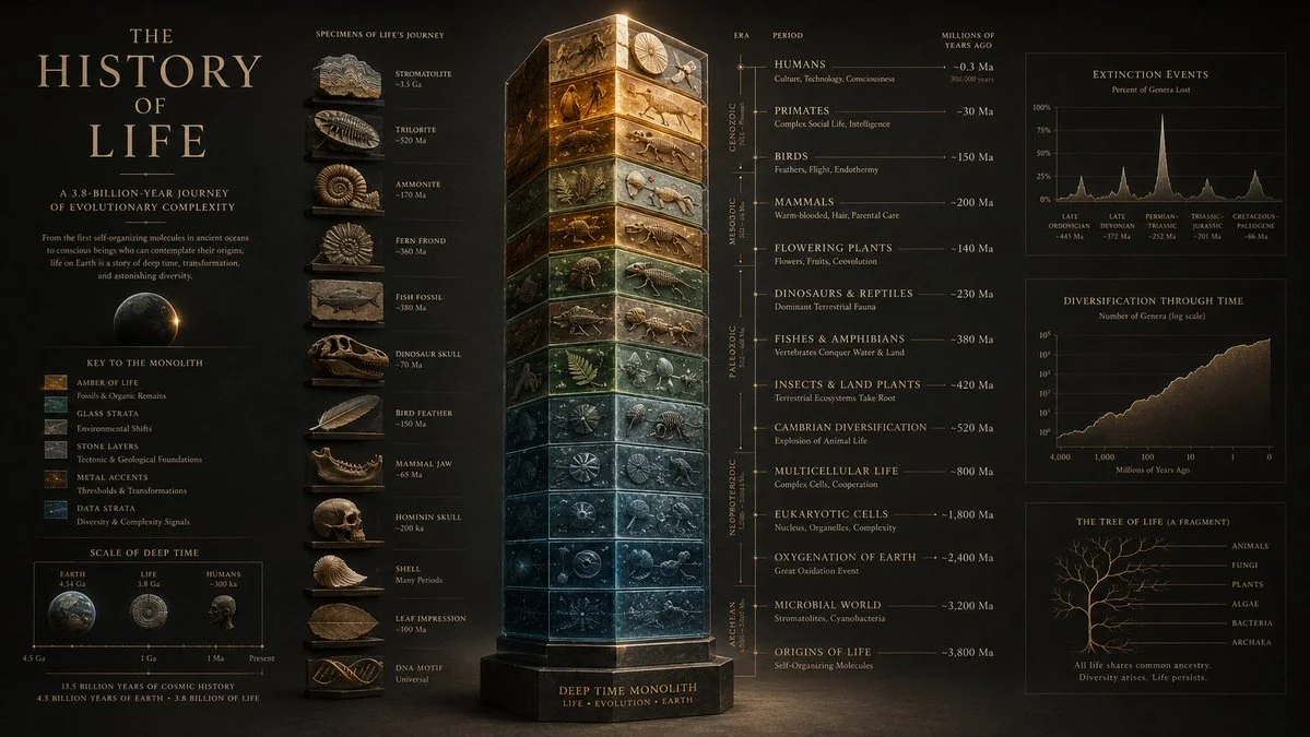Layered glass monolith charts life's evolution across deep time