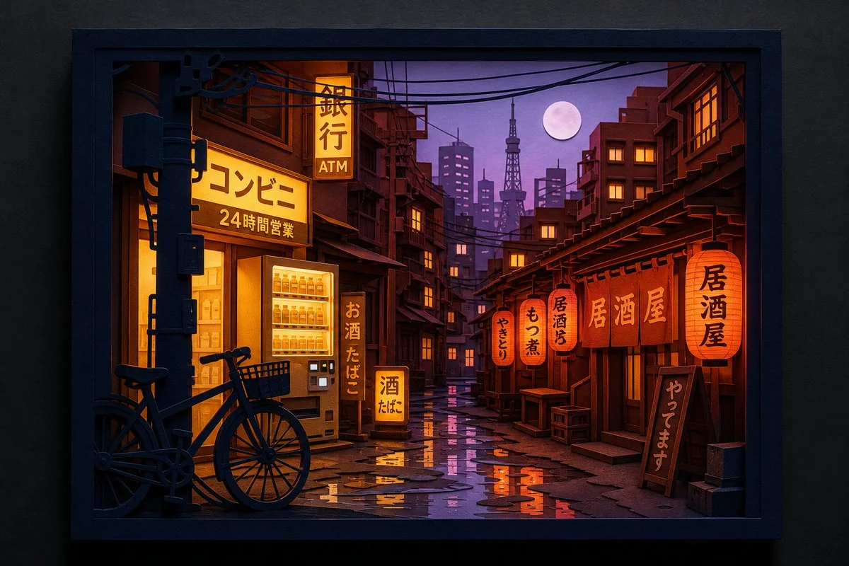 Layered Paper-Cut Nightscape of Tokyo Streets