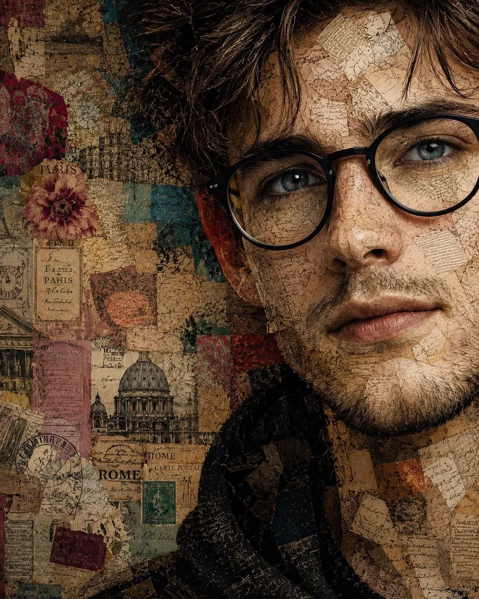 Layered paper fragments form a hyper-realistic masculine portrait.