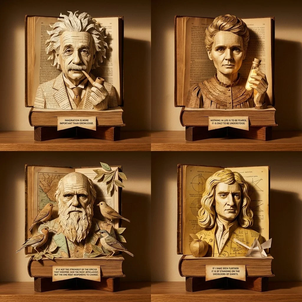 Layered Paper Relief Busts of Four Iconic Scientists in Vintage Hardcover Form
