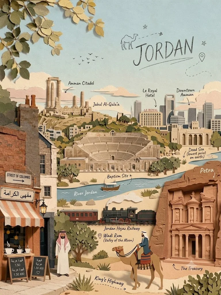 Layered papercraft illustration captures Jordan's Petra and Wadi Rum