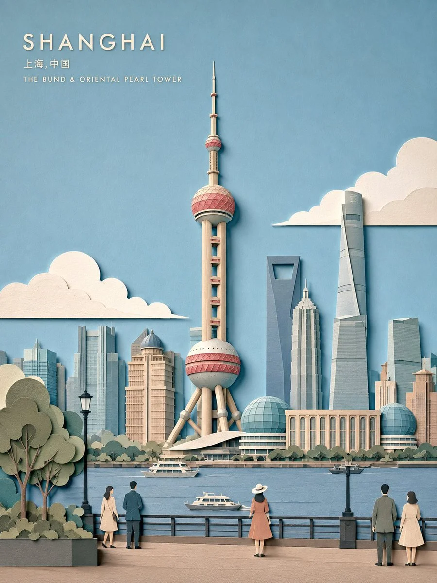Layered papercut travel poster of Paris with Eiffel Tower