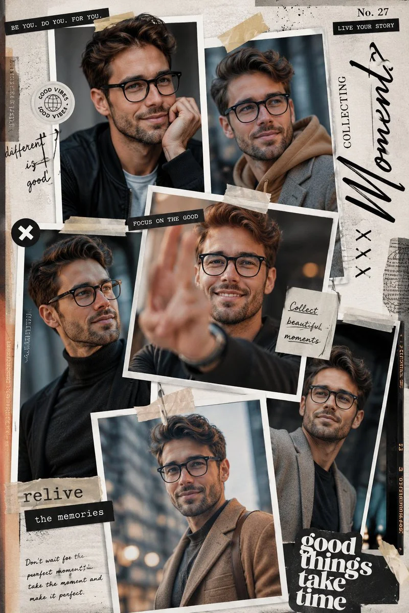 Layered photo booth snapshots create a dynamic fashion poster collage