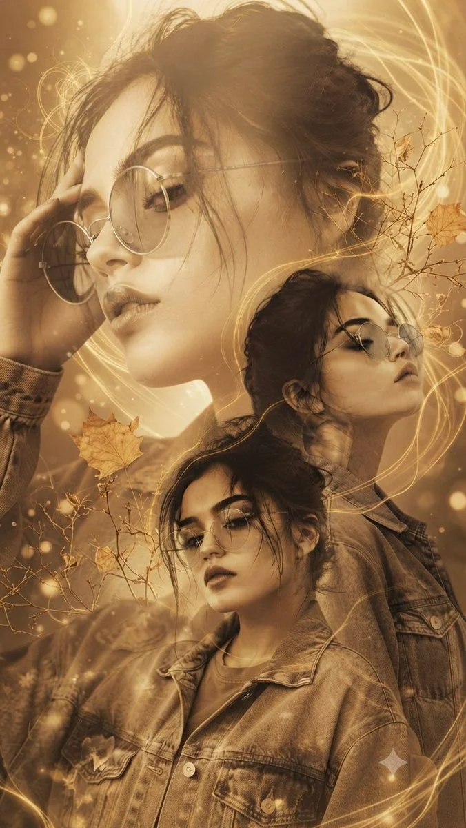 Layered sepia portrait of a woman with autumn leaves and glowing light