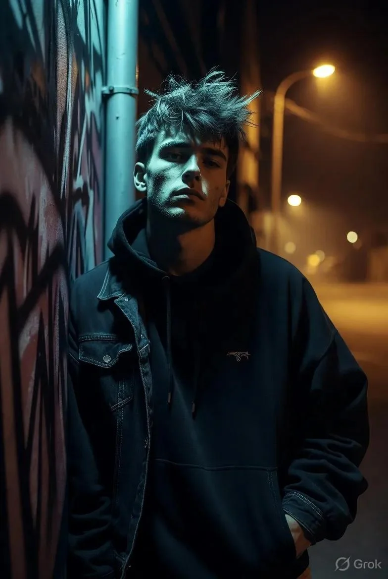 Leaning against graffiti-covered wall, a serious man waits in the night