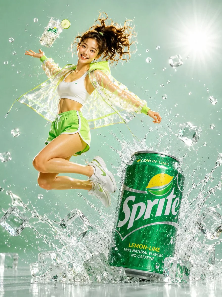 Leaping athlete tosses a fizzy drink in a mint studio