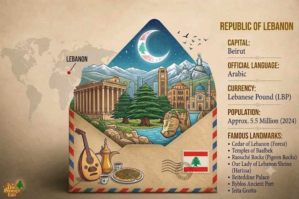 Lebanon emerges from an ornate airmail envelope in vintage style