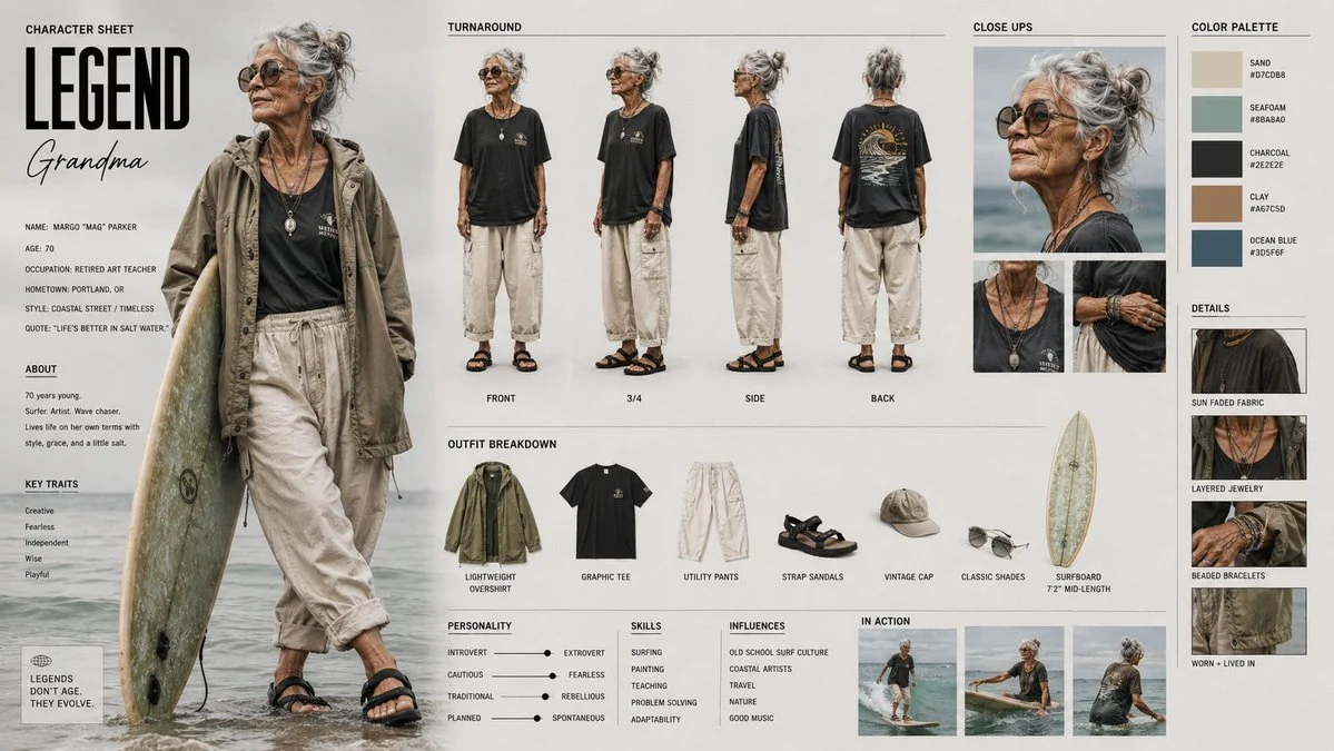 Legendary surfer grandma poses for detailed character sheet design