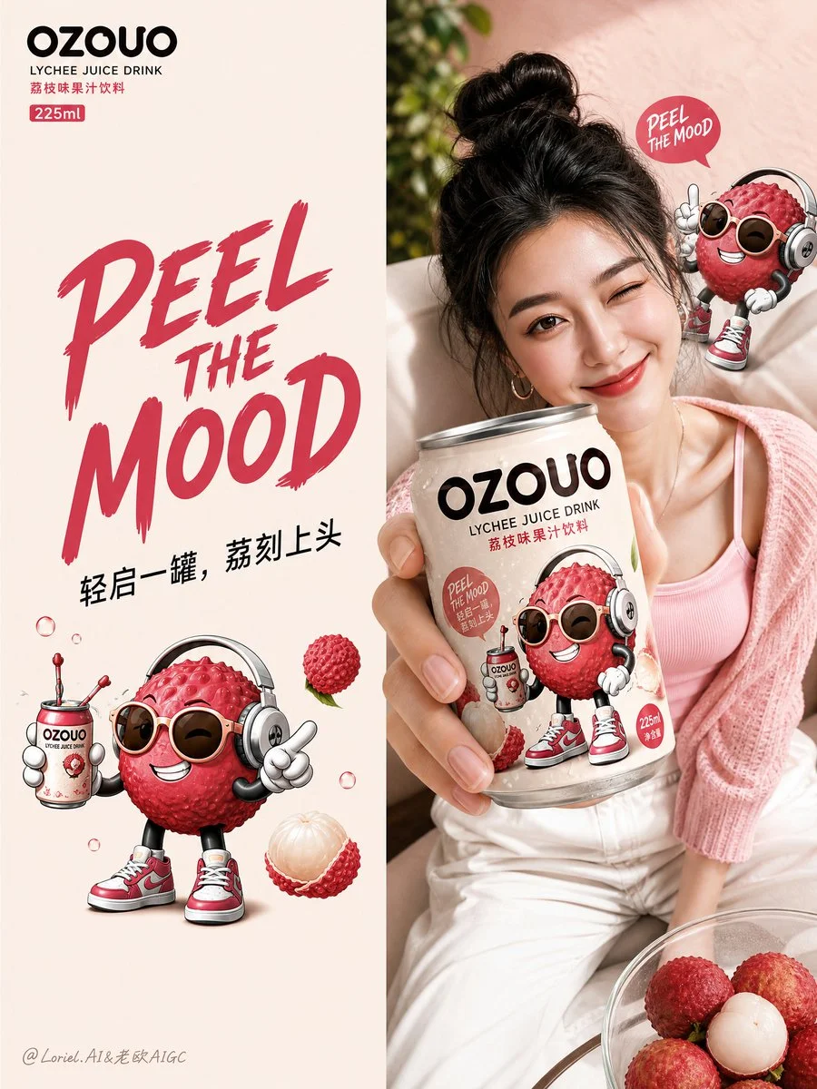 Lifestyle retail board shows OZOUO lychee cans in fridge display