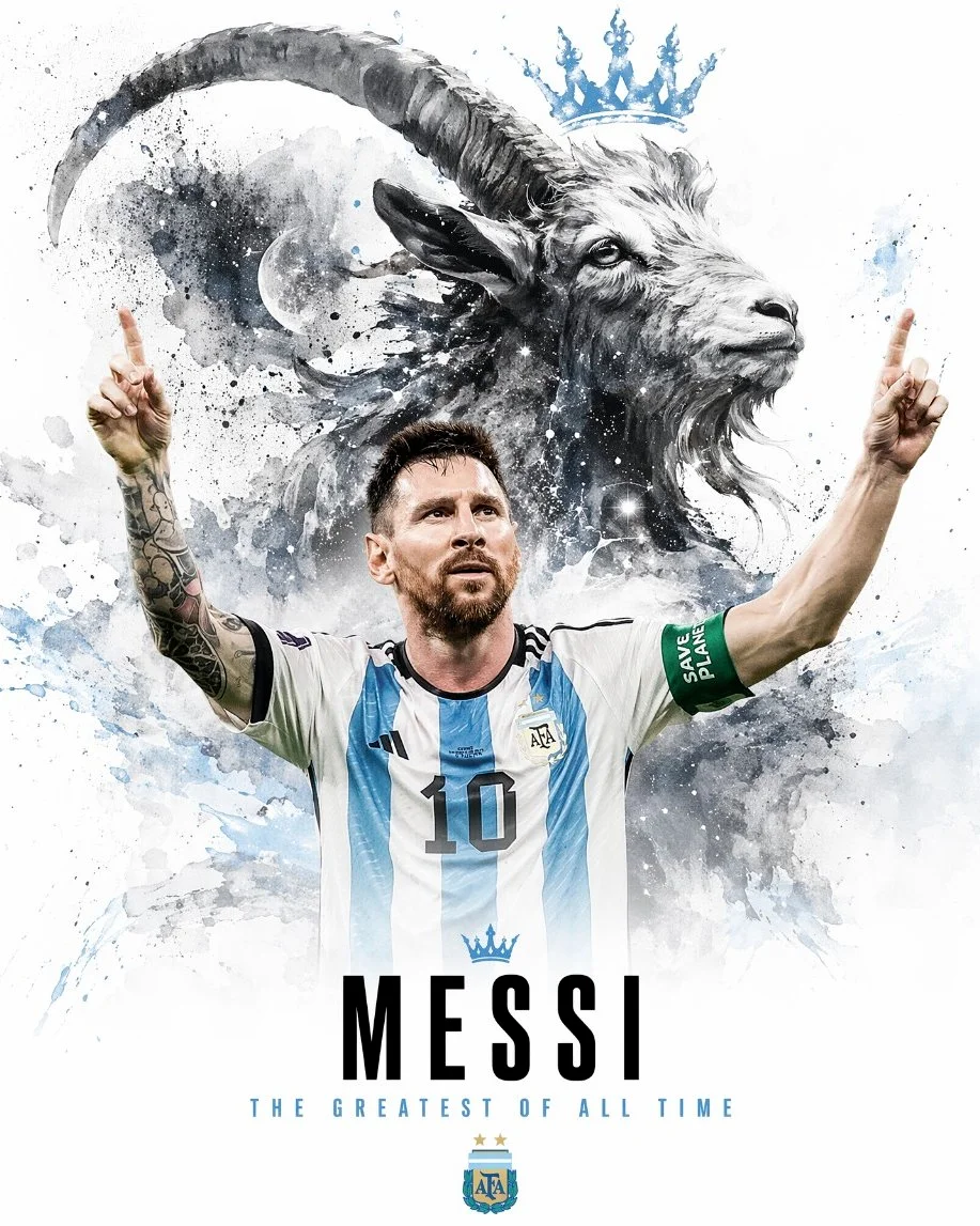 Lionel Messi celebrates with an enormous watercolor lion behind him.