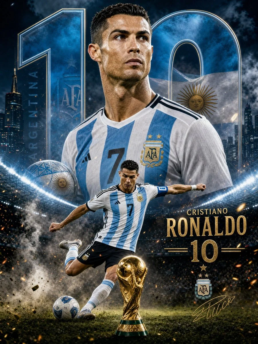 Lionel Messi tribute poster features action kick and dramatic lights