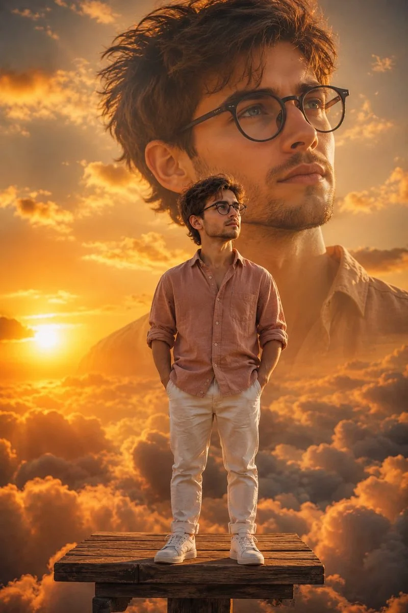Little dreamer stands on clouds in golden sunset double exposure