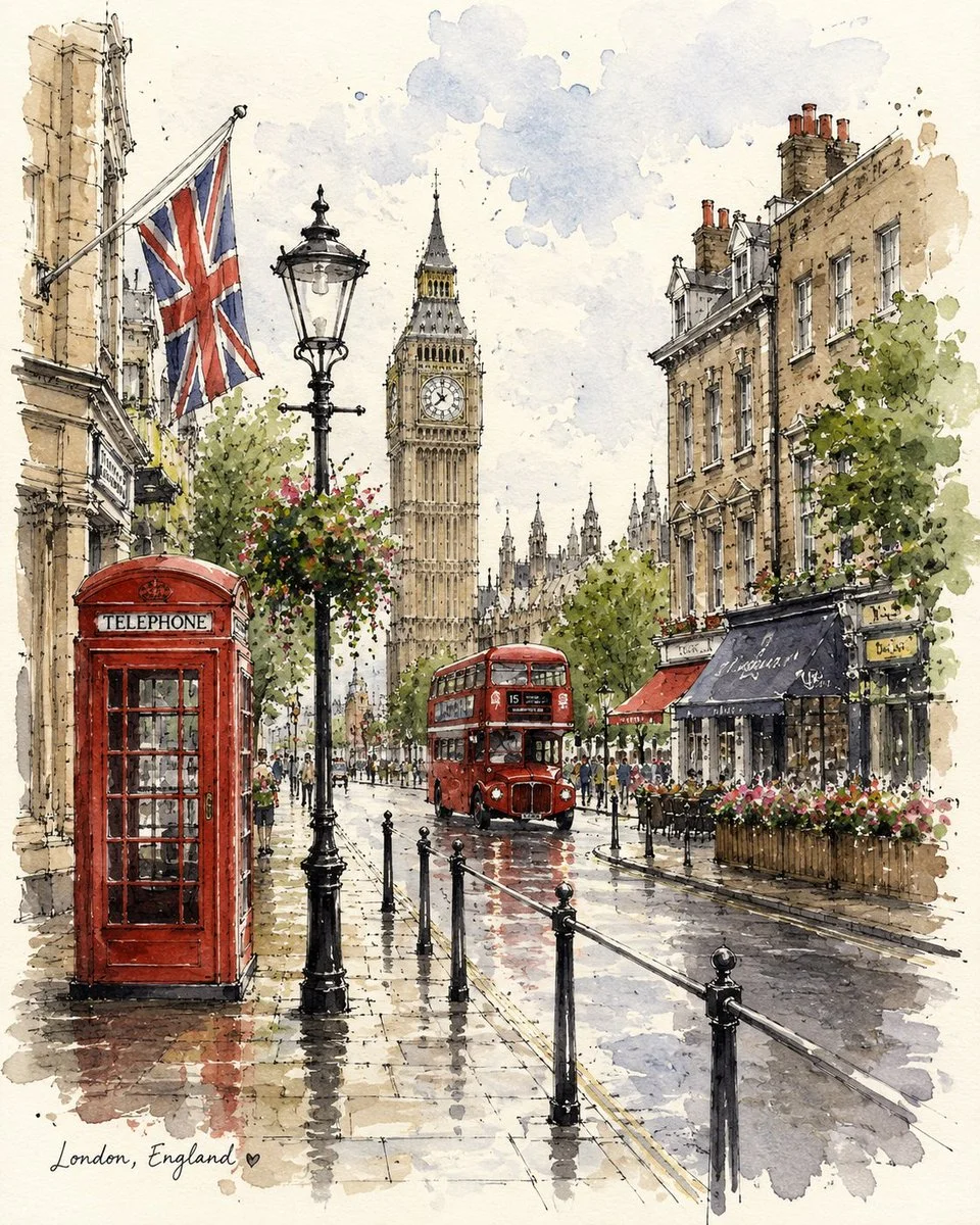 London and Rome landmarks unite in a watercolor travel poster