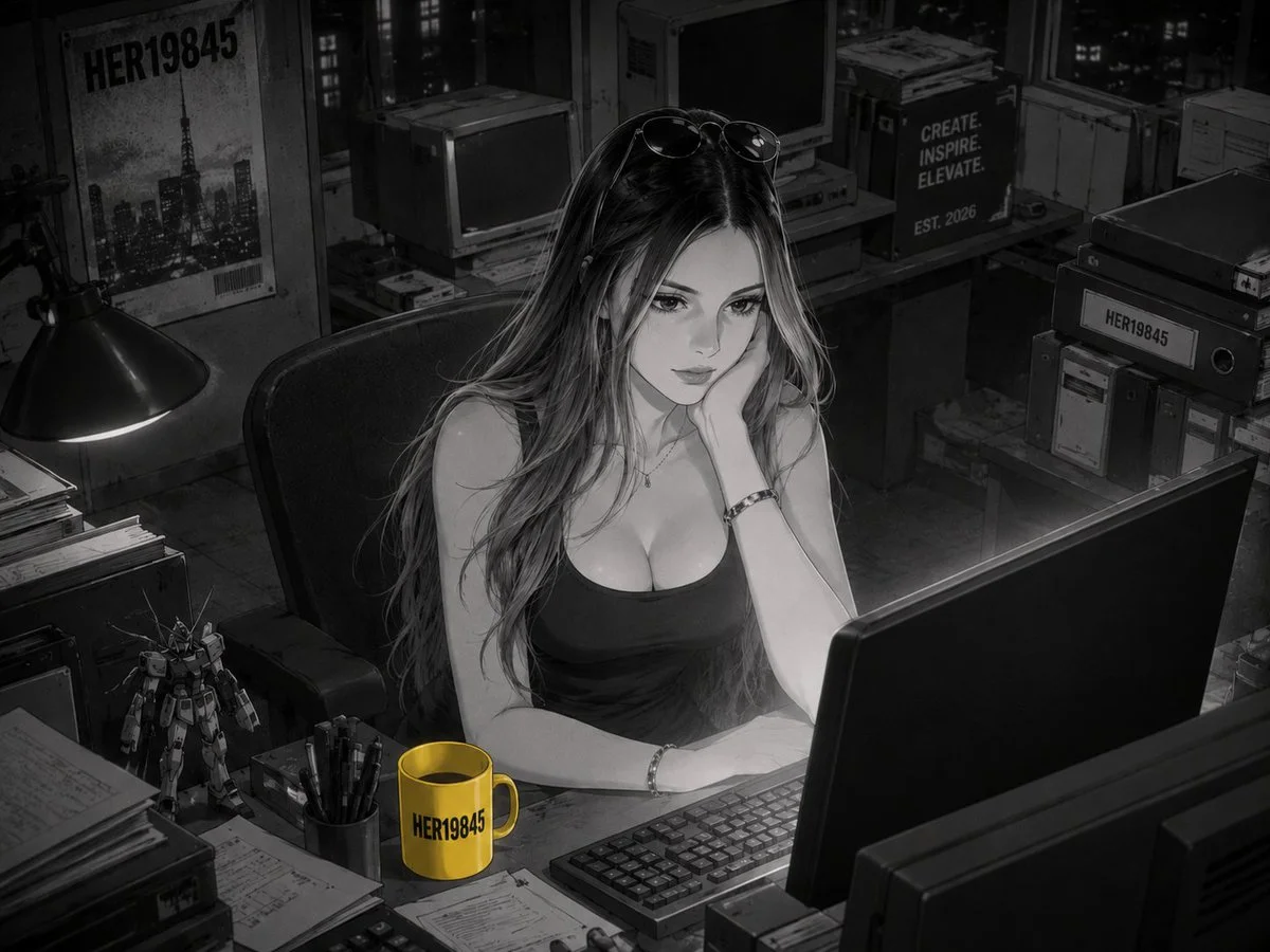 Lone anime worker sits in gray office lit by monitor glow