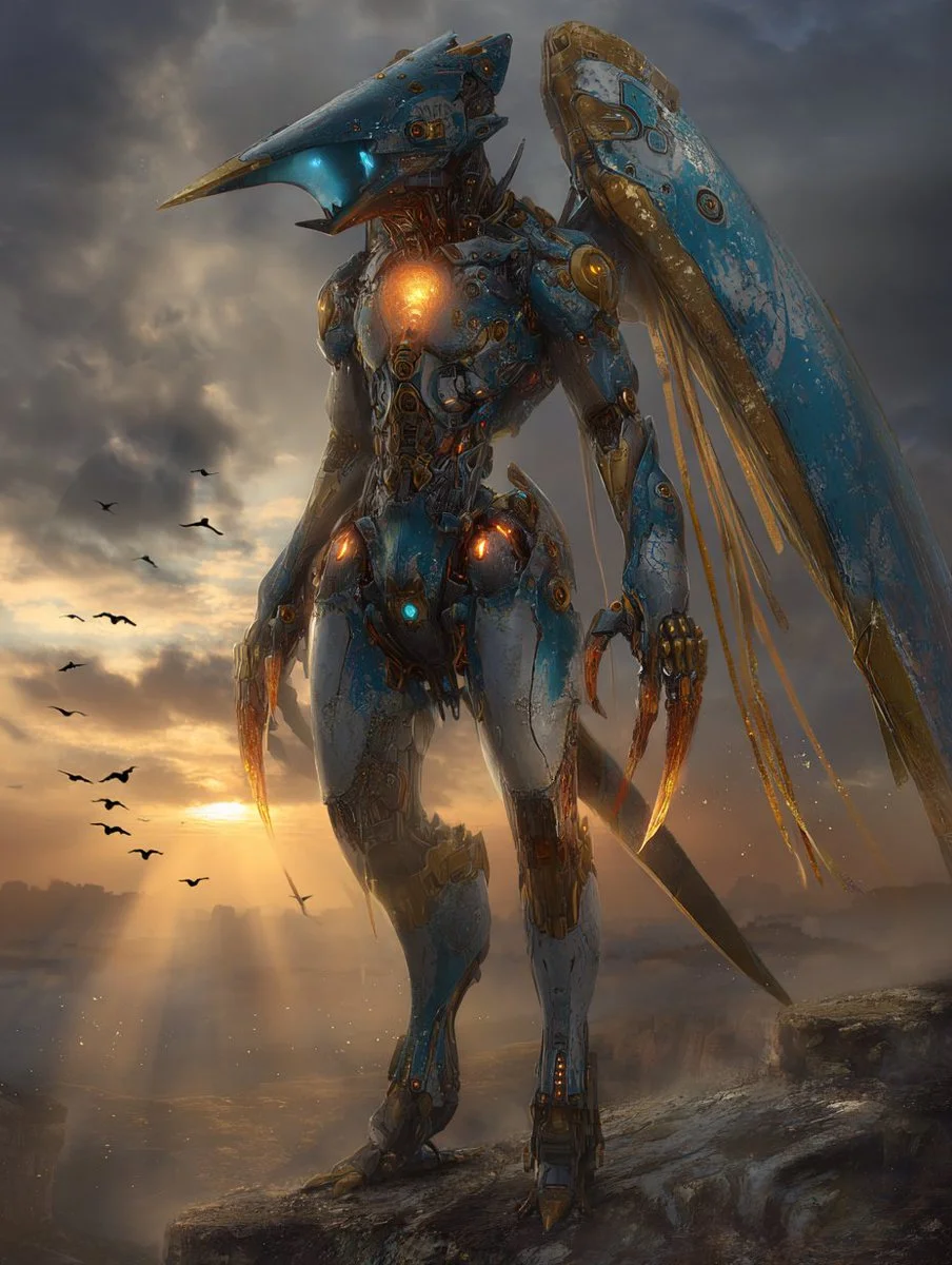 Lone Biomechanical Angel with Single Wing Bathed in Orange Glow