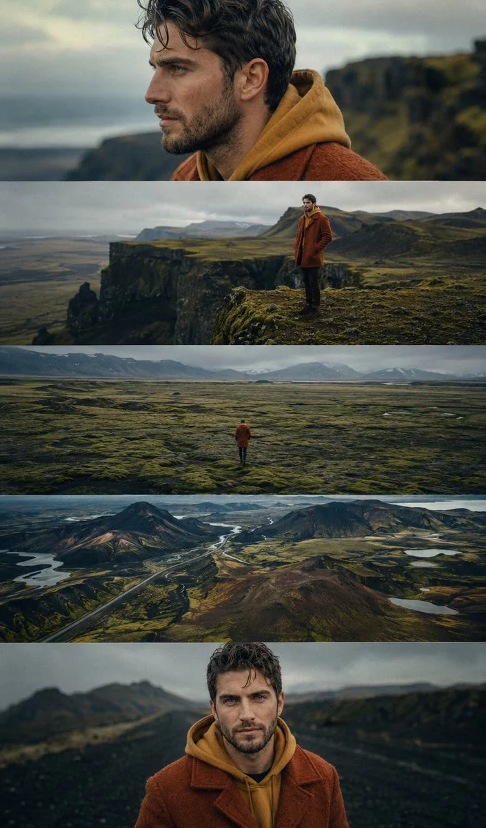 Lone figure crosses vast moss plains beneath dramatic volcanic peaks