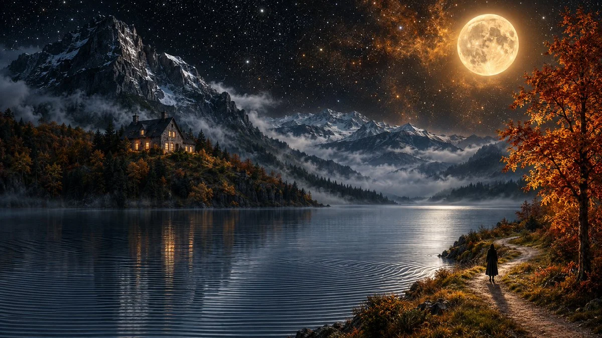 Lone Figure Gazes at Full Moon Over Rippled Lake and Stone House