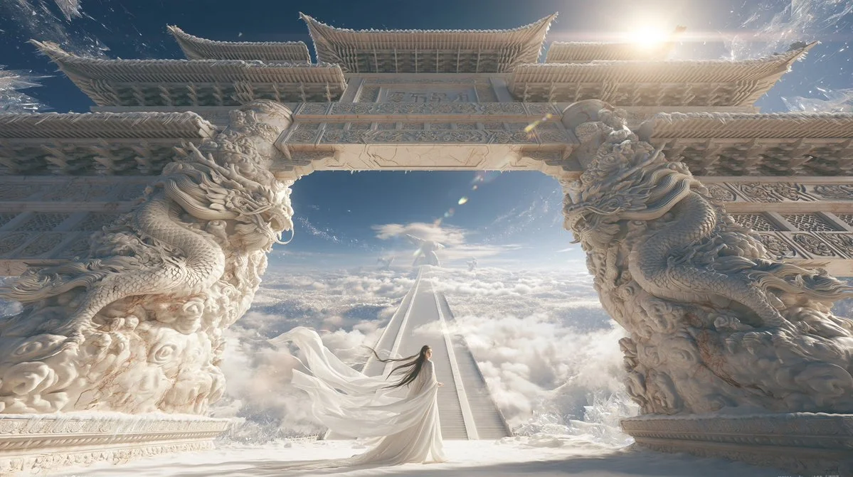 Lone figure in white gown stands beneath ancient carved dragons