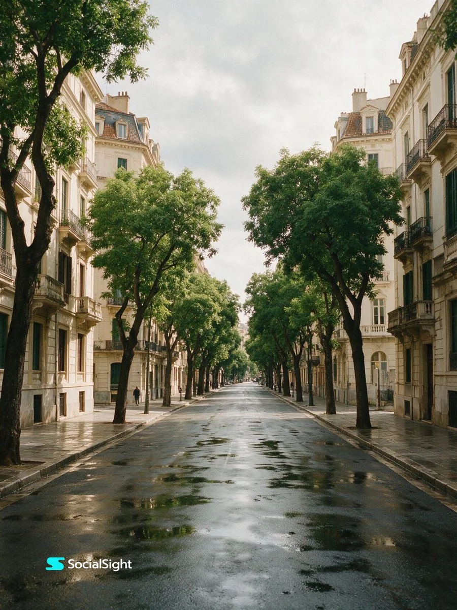 Lone pedestrian walks beside rain-slicked road under a canopy of green trees