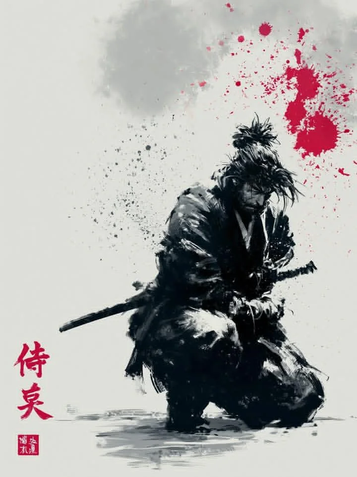 Lone samurai warrior stands with naginata in misty ink wash