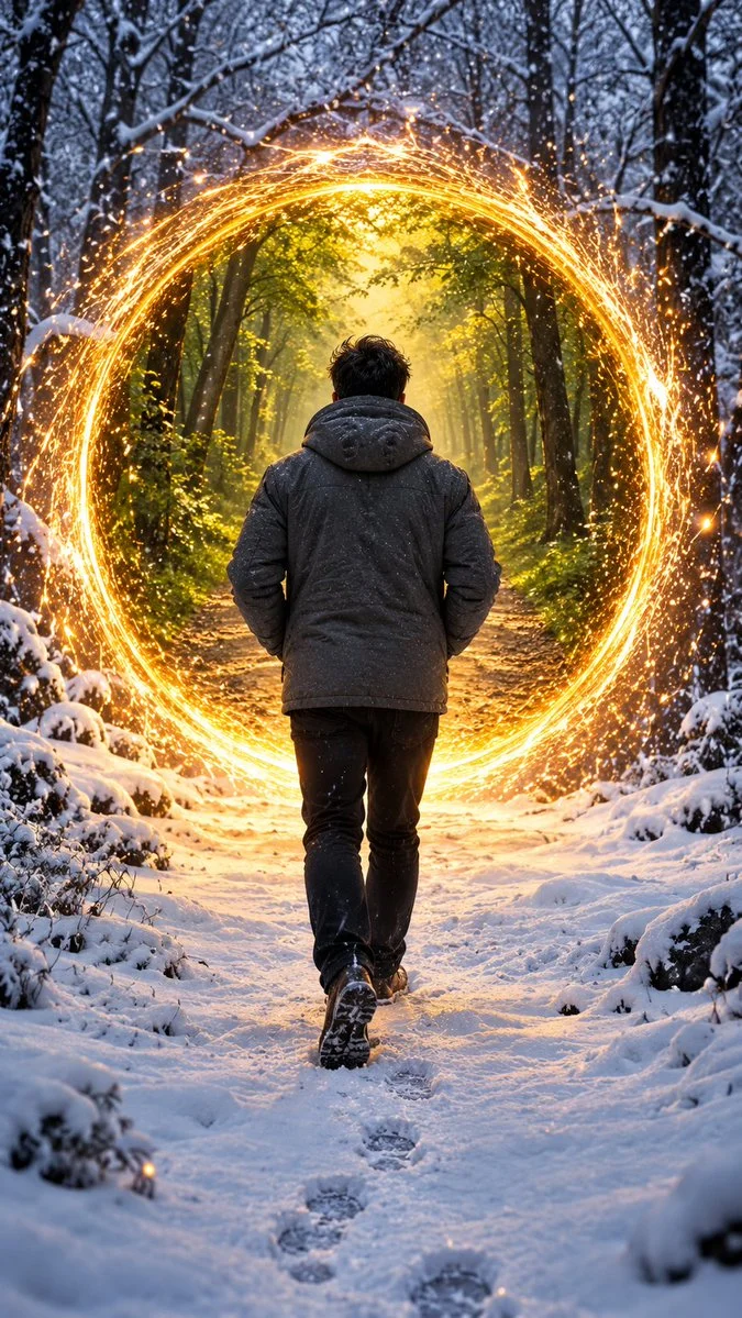 Lone Traveler Walks Through Glowing Portal in Snowy Forest