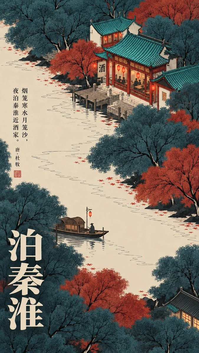 Lonely boat drifts on misty river in new Chinese illustration